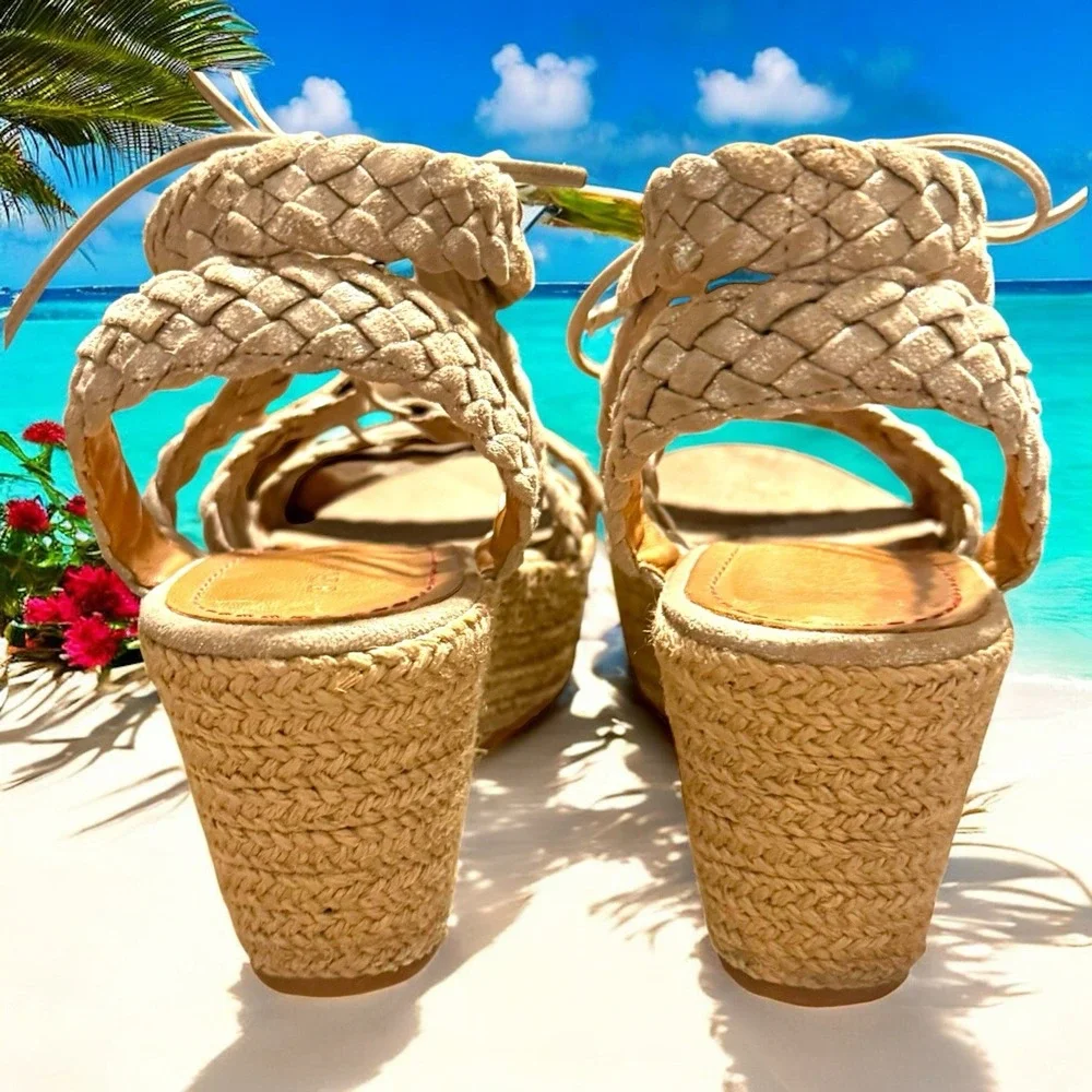 Trask Patrice Braided Wedge Platform Sandals Gold Shimmer‎ Size 9 Coastal Boho